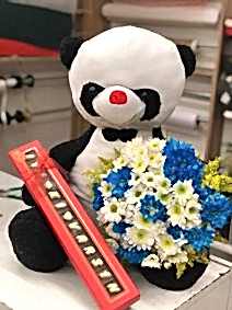 50 cm Panda+Renkli Papatya+Mesajlı Çikolata
